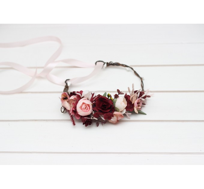 Burgundy blush pink dusty rose flower crown. Hair wreath. Flower girl crown. Wedding flowers. 5256