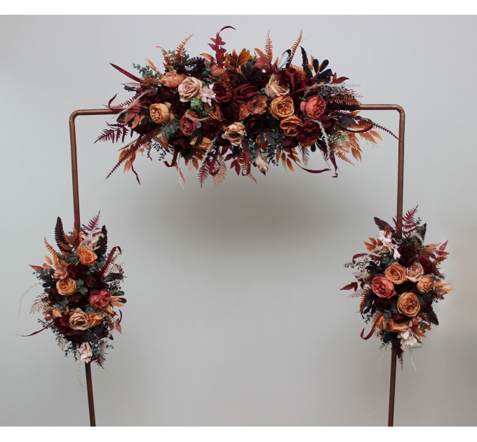  Flower arch arrangements in burgundy terracottacolors.  Arbor flowers. Floral archway. Faux flowers for wedding arch. 5121