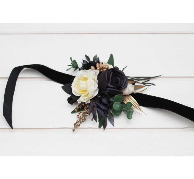  Wedding boutonnieres and wrist corsage  in hunter green ivory black gold color scheme. Flower accessories. 5300