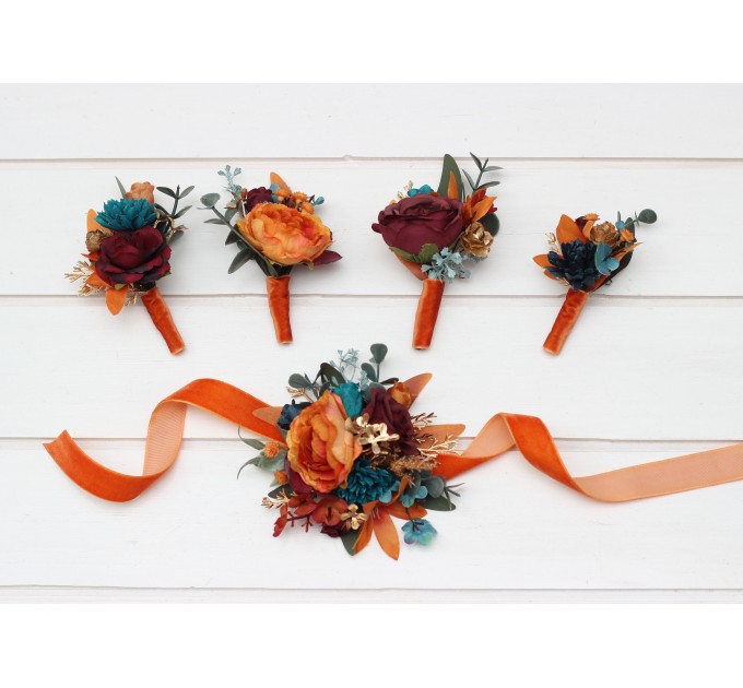  Wedding boutonnieres and wrist corsage  in teal rust burgundy gold color scheme. Flower accessories. 5311