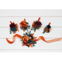  Wedding boutonnieres and wrist corsage  in teal rust burgundy gold color scheme. Flower accessories. 5311