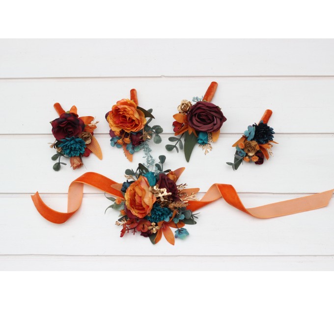  Wedding boutonnieres and wrist corsage  in teal rust burgundy gold color scheme. Flower accessories. 5311