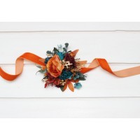  Wedding boutonnieres and wrist corsage  in teal rust burgundy gold color scheme. Flower accessories. 5311