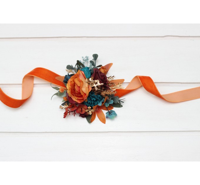  Wedding boutonnieres and wrist corsage  in teal rust burgundy gold color scheme. Flower accessories. 5311