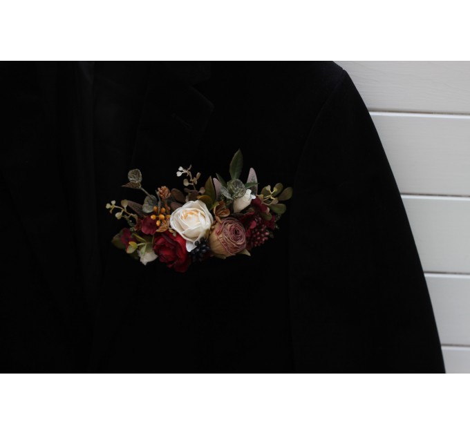  Wedding boutonnieres and wrist corsage  in burgundy ivory white brown color scheme. Flower accessories. Pocket boutonniere. 5310