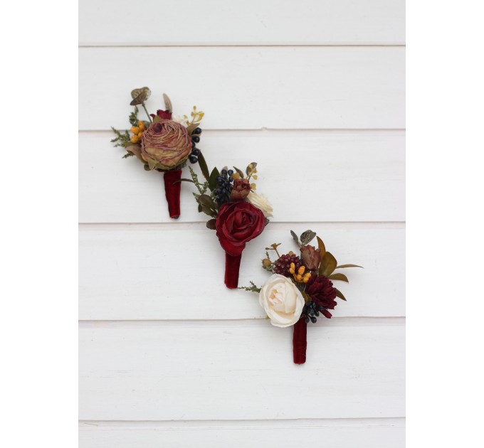  Wedding boutonnieres and wrist corsage  in burgundy ivory white brown color scheme. Flower accessories. Pocket boutonniere. 5310