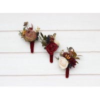  Wedding boutonnieres and wrist corsage  in burgundy ivory white brown color scheme. Flower accessories. Pocket boutonniere. 5310