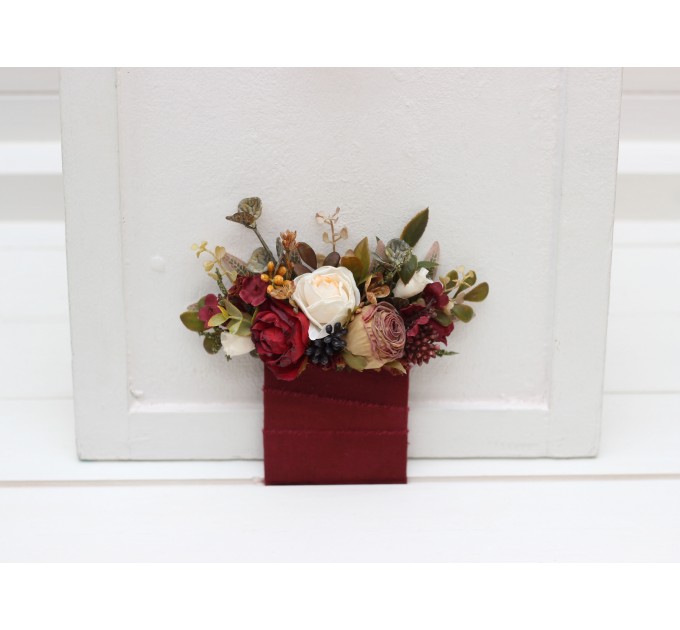  Wedding boutonnieres and wrist corsage  in burgundy ivory white brown color scheme. Flower accessories. Pocket boutonniere. 5310