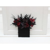  Wedding boutonnieres and wrist corsage  in black and burgundy color scheme. Flower accessories. Pocket boutonniere. 5325