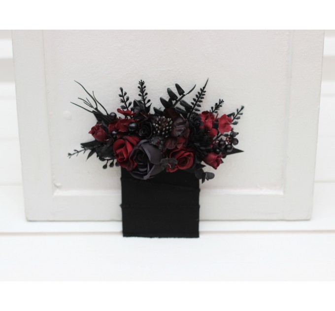  Wedding boutonnieres and wrist corsage  in black and burgundy color scheme. Flower accessories. Pocket boutonniere. 5325