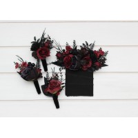  Wedding boutonnieres and wrist corsage  in black and burgundy color scheme. Flower accessories. Pocket boutonniere. 5325