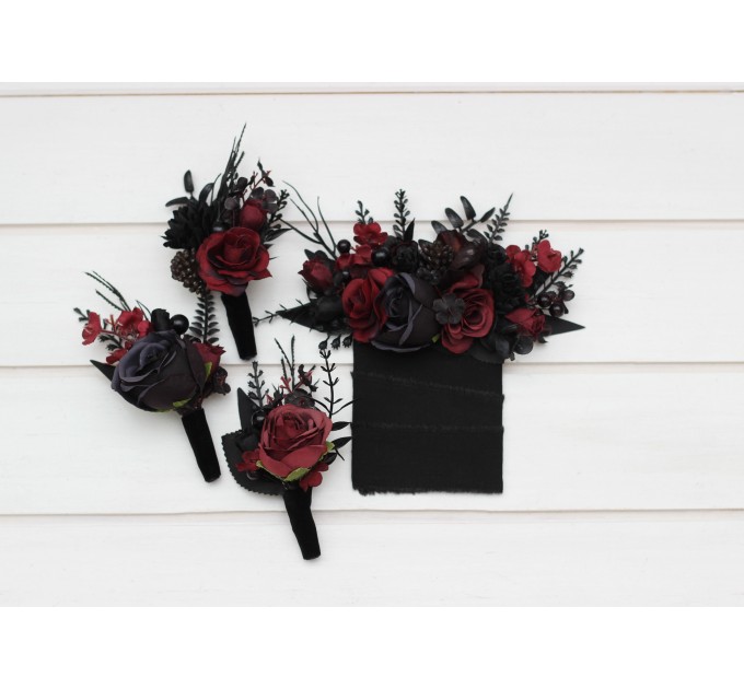  Wedding boutonnieres and wrist corsage  in black and burgundy color scheme. Flower accessories. Pocket boutonniere. 5325