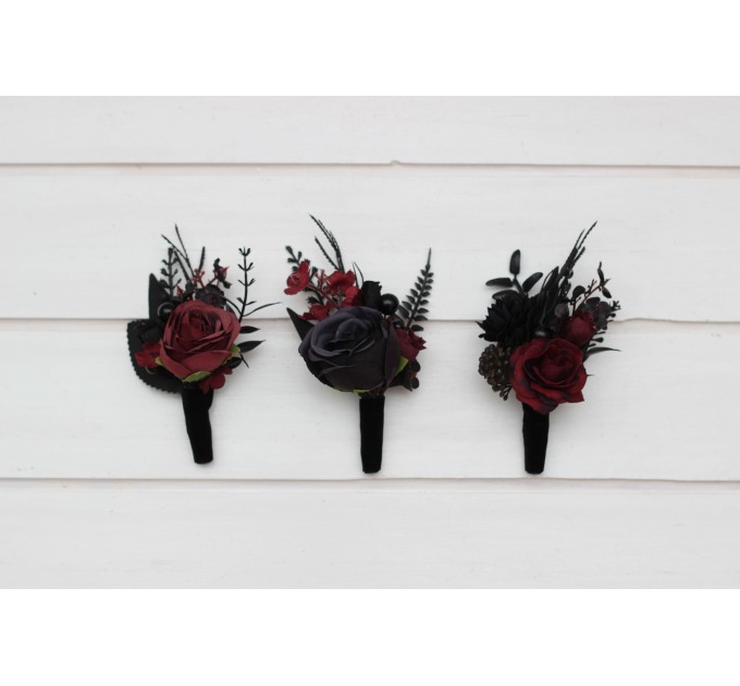  Wedding boutonnieres and wrist corsage  in black and burgundy color scheme. Flower accessories. Pocket boutonniere. 5325