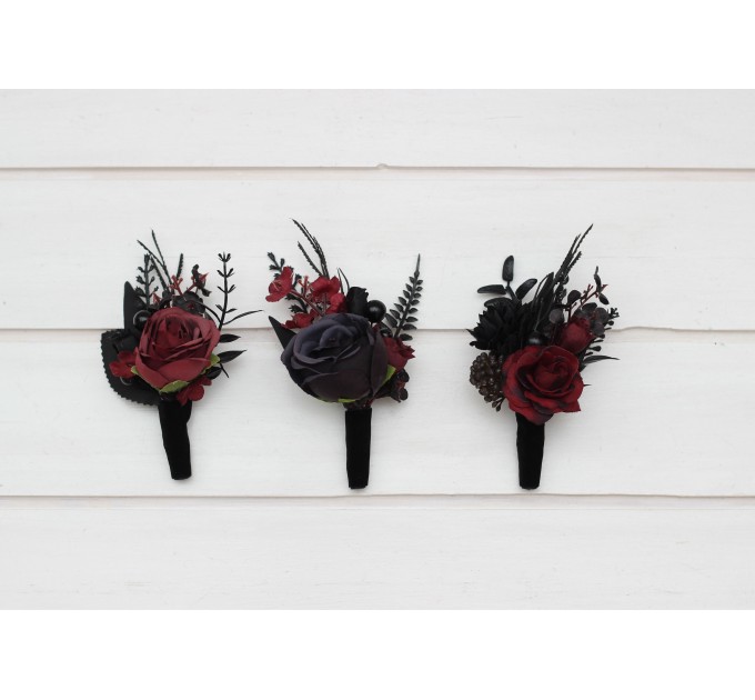  Wedding boutonnieres and wrist corsage  in black and burgundy color scheme. Flower accessories. Pocket boutonniere. 5325