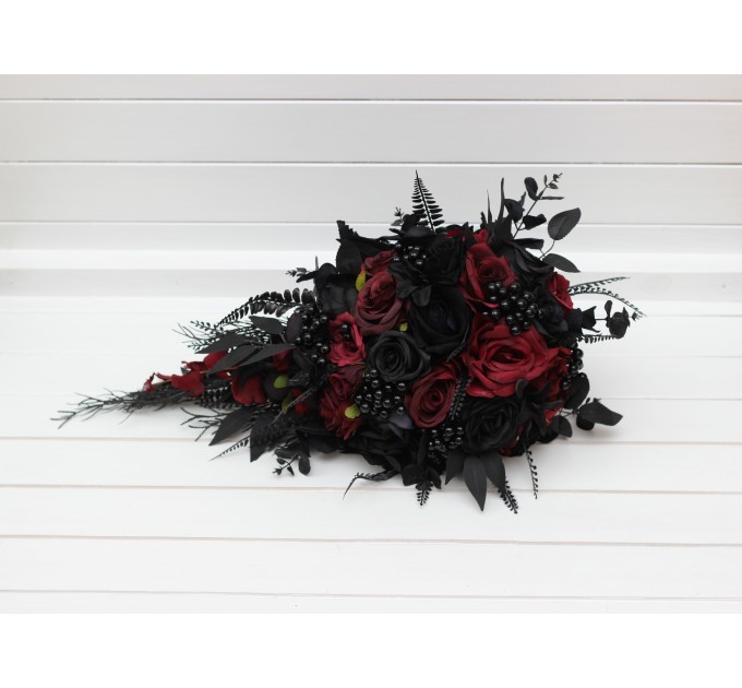 Bouquets in black and burgundy color theme. Bridal bouquet. Faux bouquet. Bridesmaid bouquet. Cascading bouquet. 5325