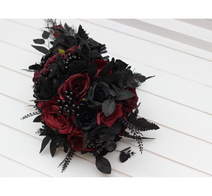 Bouquets in black and burgundy color theme. Bridal bouquet. Faux bouquet. Bridesmaid bouquet. Cascading bouquet. 5325