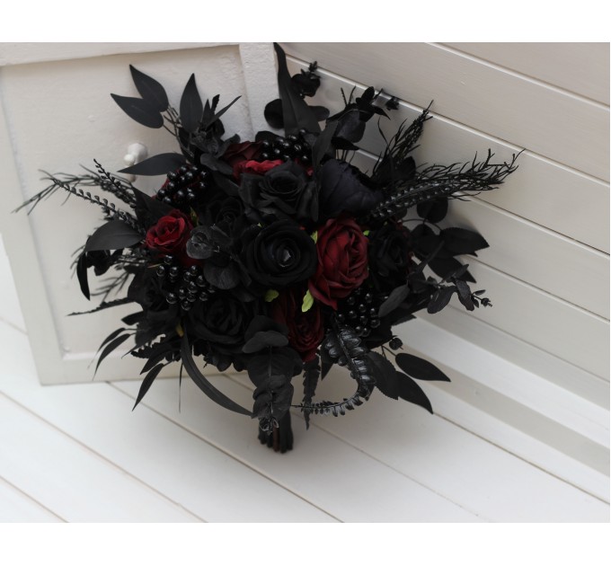 Bouquets in black and burgundy color theme. Bridal bouquet. Faux bouquet. Bridesmaid bouquet. Cascading bouquet. 5325