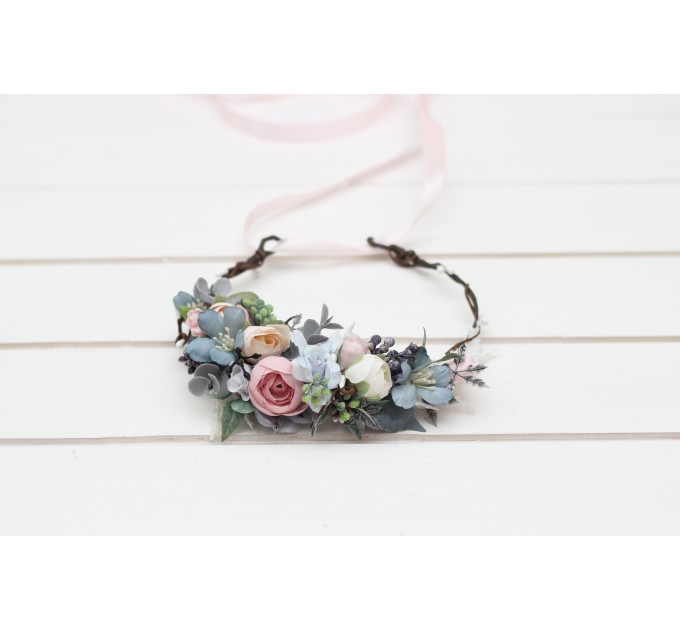 Dusty blue blush pink white flower crown. Hair wreath. Flower girl crown. Wedding flowers. 0509