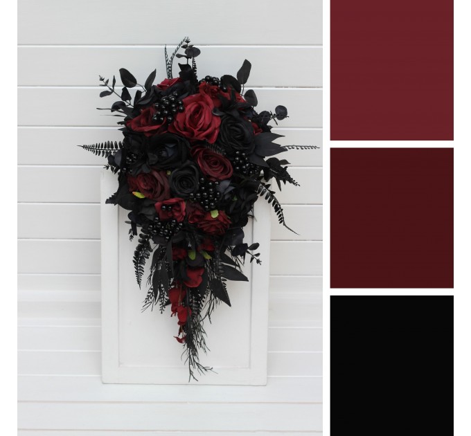 Bouquets in black and burgundy color theme. Bridal bouquet. Faux bouquet. Bridesmaid bouquet. Cascading bouquet. 5325