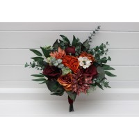 Bouquets in burnt orange burgundy cream color theme. Bridal bouquet. Faux bouquet. Bridesmaid bouquet. 5323