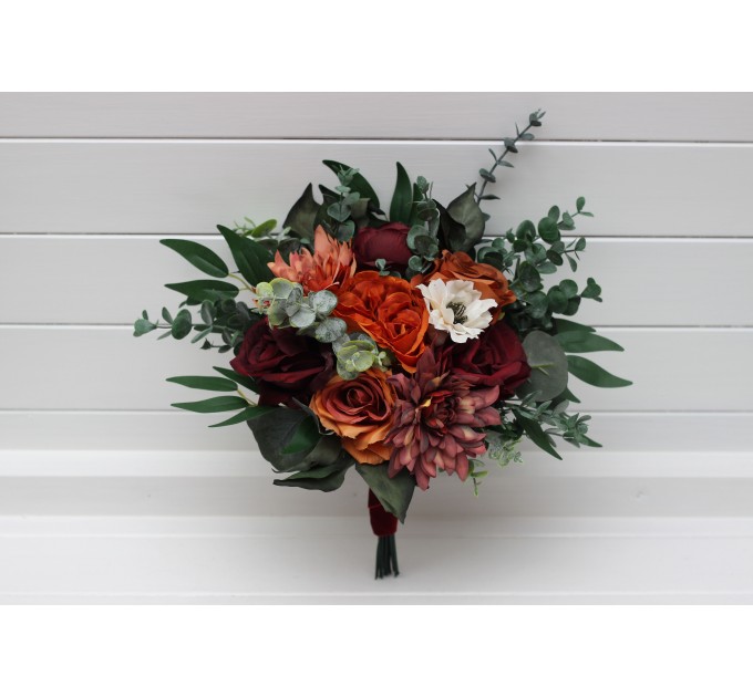 Bouquets in burnt orange burgundy cream color theme. Bridal bouquet. Faux bouquet. Bridesmaid bouquet. 5323