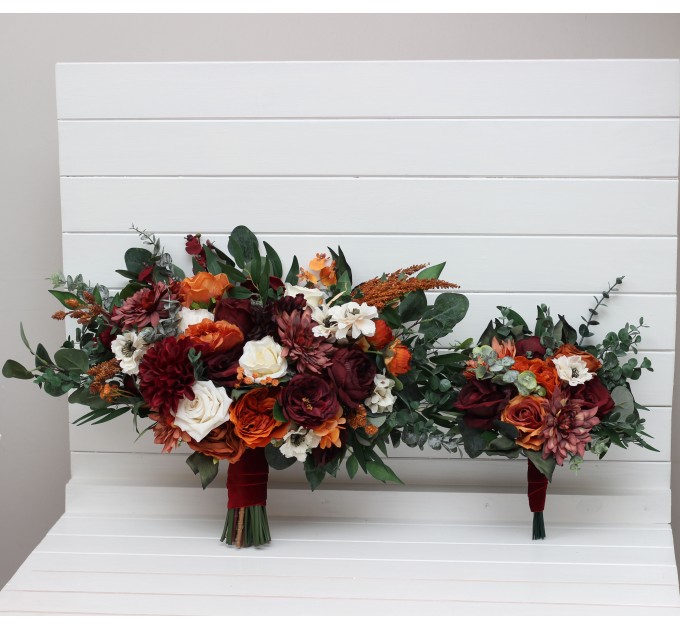 Bouquets in burnt orange burgundy cream color theme. Bridal bouquet. Faux bouquet. Bridesmaid bouquet. 5323