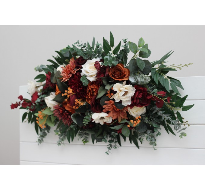  Flower arch arrangement in burnt orange burgundy cream colors.  Arbor flowers. Floral archway. Faux flowers for wedding arch. 5323