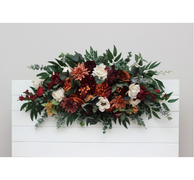  Flower arch arrangement in burnt orange burgundy cream colors.  Arbor flowers. Floral archway. Faux flowers for wedding arch. 5323