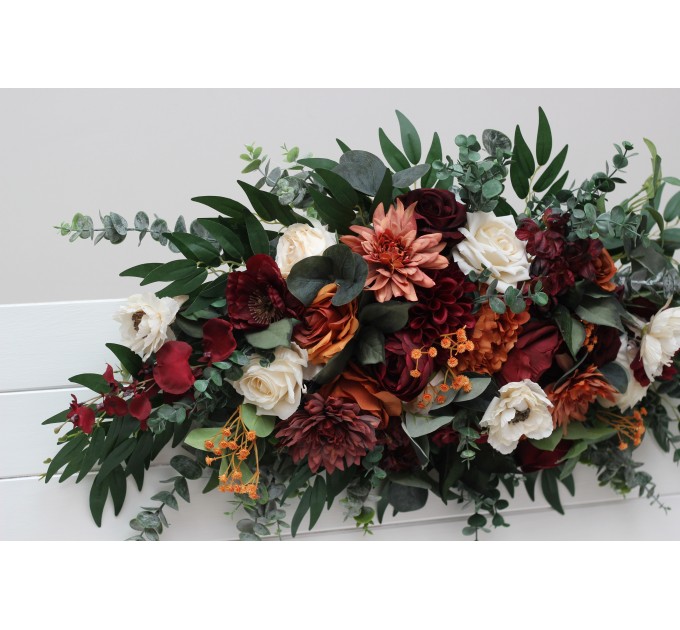  Flower arch arrangement in burnt orange burgundy cream colors.  Arbor flowers. Floral archway. Faux flowers for wedding arch. 5323