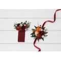 Pocket flowers. Pocket boutonniere in burnt orange burgundy cream color scheme. Flower accessories. Square flowers. Wrist corsage. Mother corsage.  5323