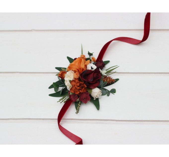 Pocket flowers. Pocket boutonniere in burnt orange burgundy cream color scheme. Flower accessories. Square flowers. Wrist corsage. Mother corsage.  5323