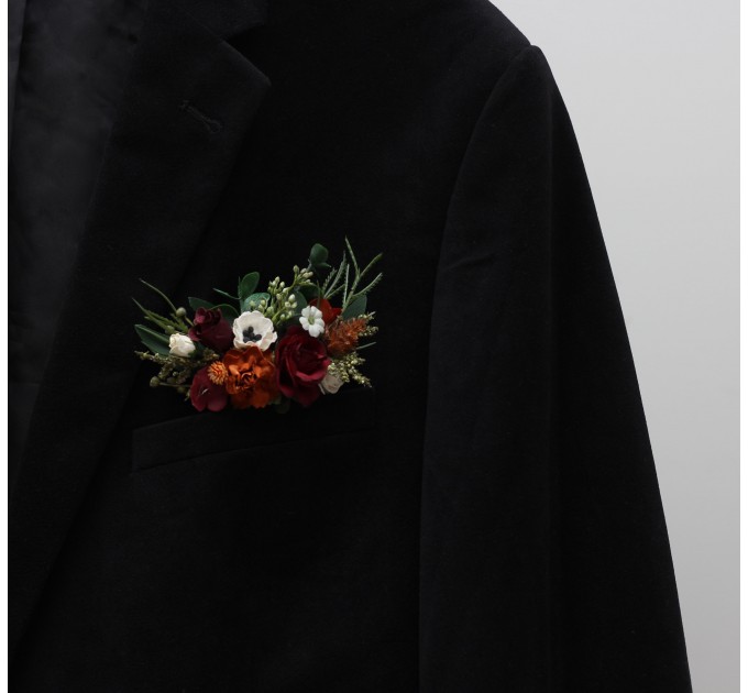 Pocket flowers. Pocket boutonniere in burnt orange burgundy cream color scheme. Flower accessories. Square flowers. Wrist corsage. Mother corsage.  5323