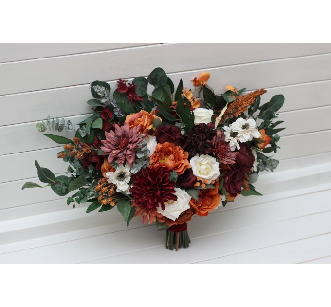 Bouquets in burnt orange burgundy cream color theme. Bridal bouquet. Faux bouquet. Bridesmaid bouquet. 5323