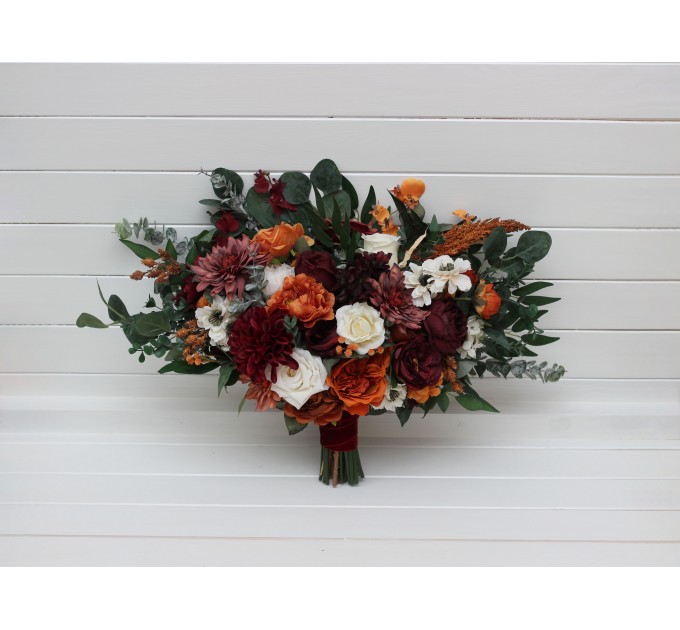 Bouquets in burnt orange burgundy cream color theme. Bridal bouquet. Faux bouquet. Bridesmaid bouquet. 5323