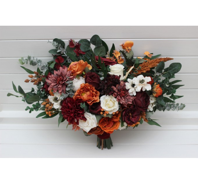 Bouquets in burnt orange burgundy cream color theme. Bridal bouquet. Faux bouquet. Bridesmaid bouquet. 5323