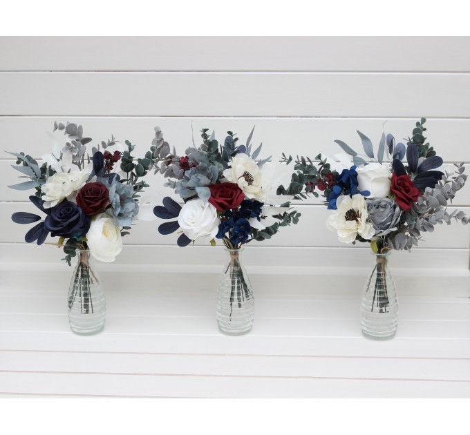 Mini bouquets for vases. White burgundy navy blue dusty blue gray flowers for wedding decor. Centerpiece. 5063