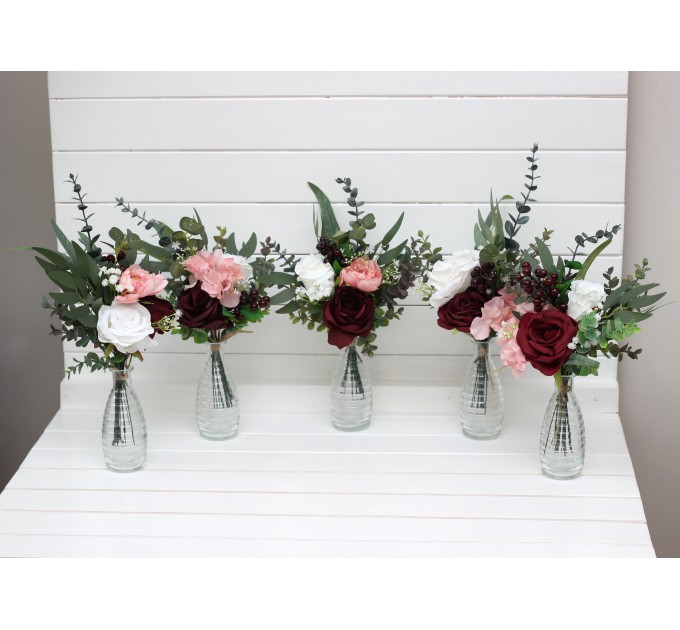 Burgundy blush pink ivory white mini bouquets for vases. Flowers for wedding decor. Centerpiece. 5036