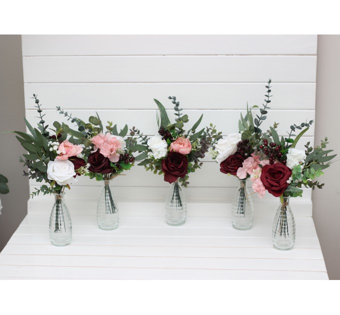 Burgundy blush pink ivory white mini bouquets for vases. Flowers for wedding decor. Centerpiece. 5036