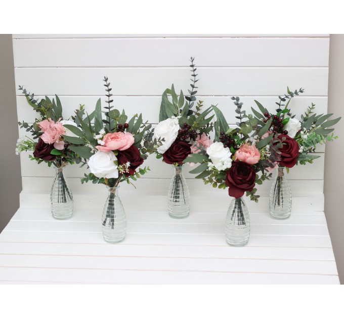 Burgundy blush pink ivory white mini bouquets for vases. Flowers for wedding decor. Centerpiece. 5036