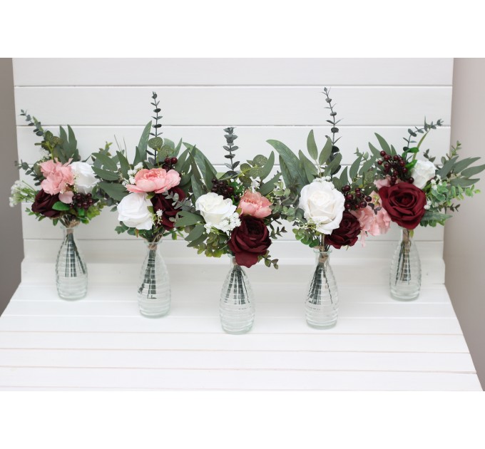 Burgundy blush pink ivory white mini bouquets for vases. Flowers for wedding decor. Centerpiece. 5036