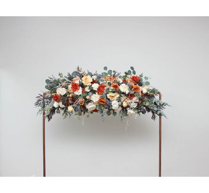  Flower arch arrangement in rust orange cream colors.  Arbor flowers. Floral archway. Faux flowers for wedding arch. 5179