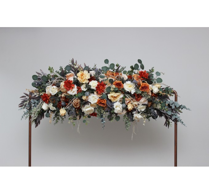  Flower arch arrangement in rust orange cream colors.  Arbor flowers. Floral archway. Faux flowers for wedding arch. 5179