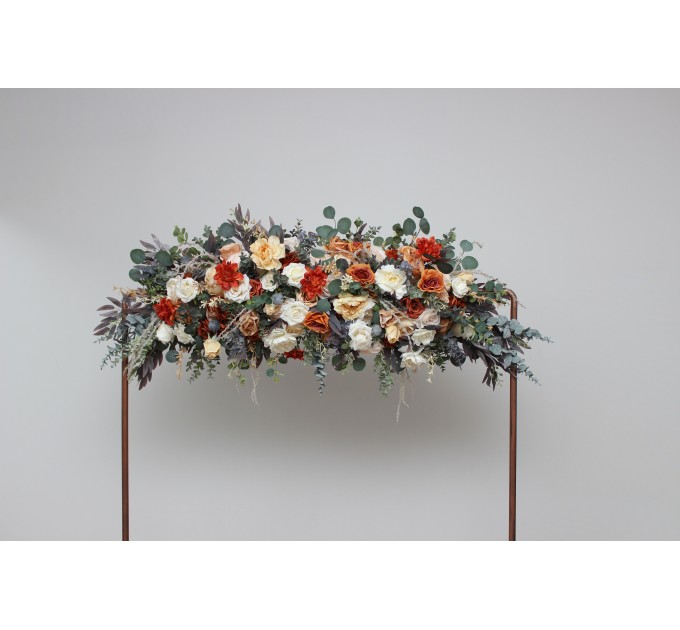  Flower arch arrangement in rust orange cream colors.  Arbor flowers. Floral archway. Faux flowers for wedding arch. 5179