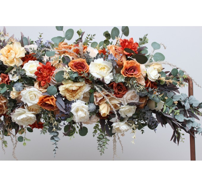  Flower arch arrangement in rust orange cream colors.  Arbor flowers. Floral archway. Faux flowers for wedding arch. 5179