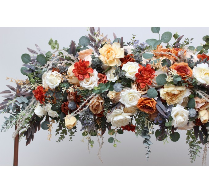  Flower arch arrangement in rust orange cream colors.  Arbor flowers. Floral archway. Faux flowers for wedding arch. 5179