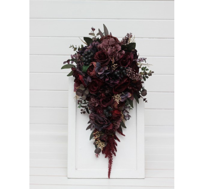 Wedding bouquets  in deep purple and burgundy colors. Bridal bouquet. Cascading bouquet. Faux bouquet. Bridesmaid bouquet. 5223