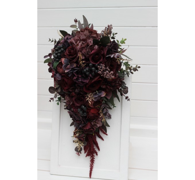 Wedding bouquets  in deep purple and burgundy colors. Bridal bouquet. Cascading bouquet. Faux bouquet. Bridesmaid bouquet. 5223