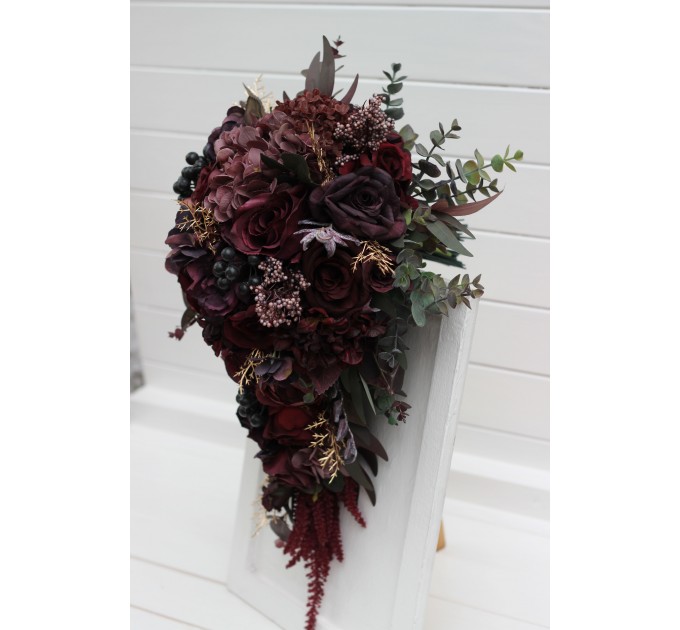 Wedding bouquets  in deep purple and burgundy colors. Bridal bouquet. Cascading bouquet. Faux bouquet. Bridesmaid bouquet. 5223