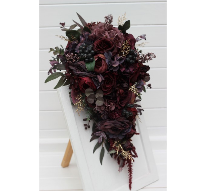 Wedding bouquets  in deep purple and burgundy colors. Bridal bouquet. Cascading bouquet. Faux bouquet. Bridesmaid bouquet. 5223