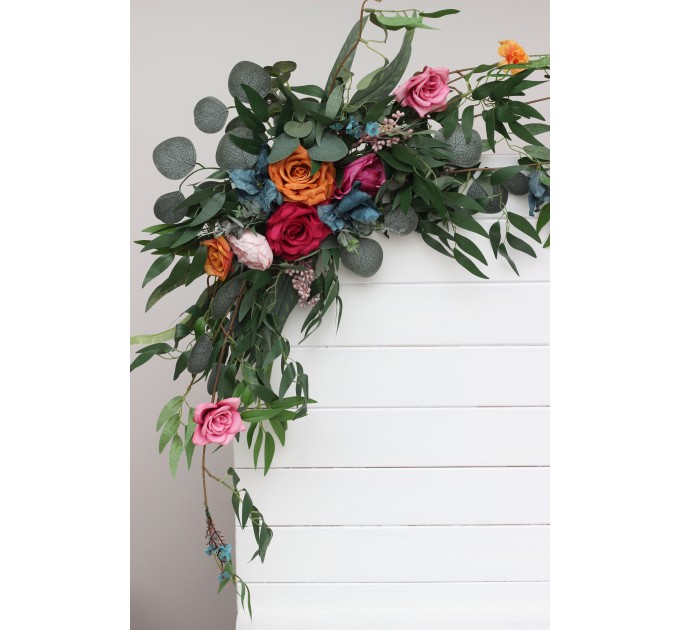  Flower arch arrangement in jewel-tone color scheme.  Arbor flowers. Floral archway. Faux flowers for wedding arch. 5187